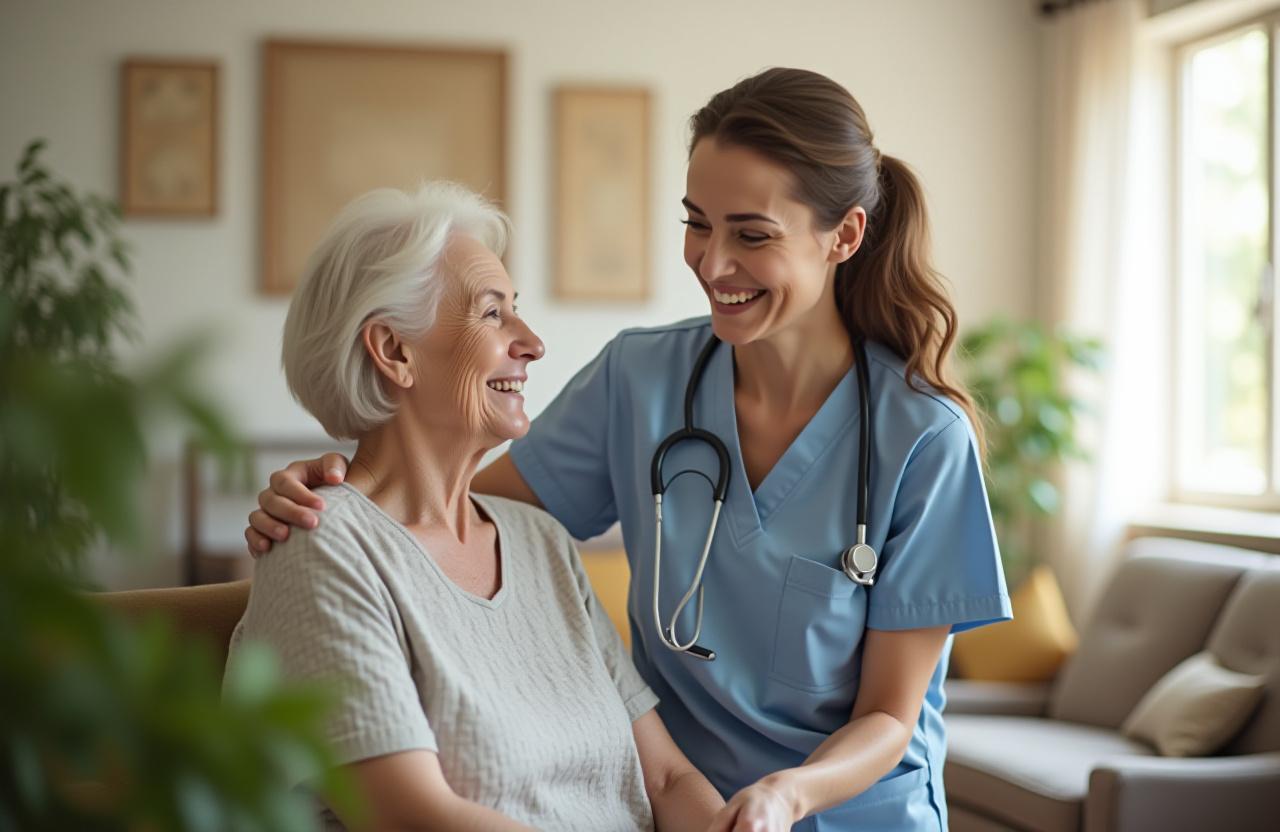 A friendly Vista Care caregiver assisting a smiling elderly resident in a bright, welcoming room.